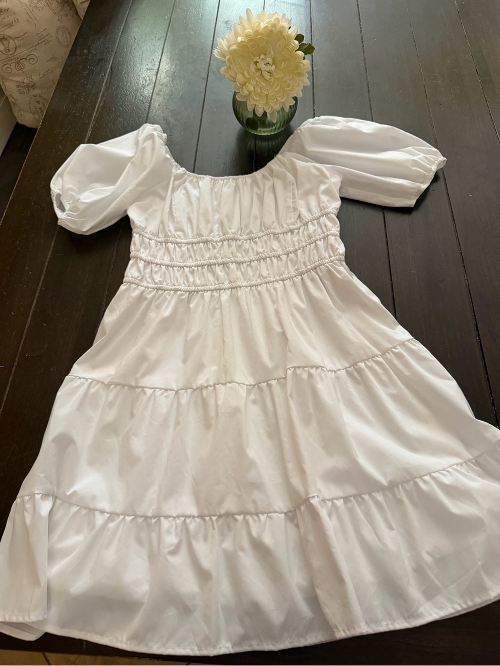 White Smocked Puff Sleeve Tiered Dress